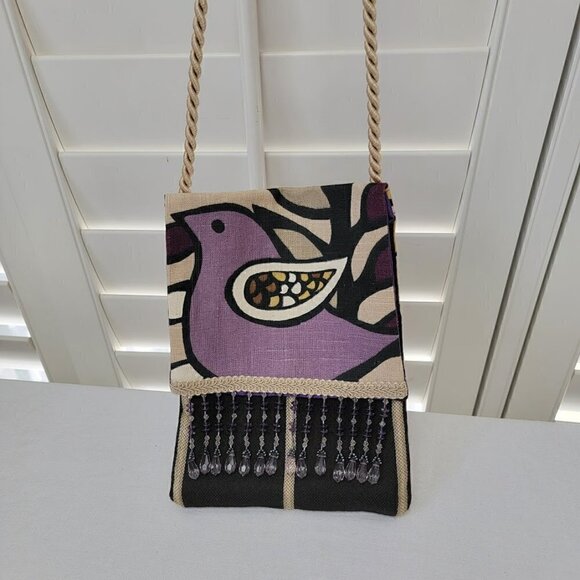 Adorable Crossbody Bag with Birds and Beads with Purple Satin Lining - Picture 2 of 10